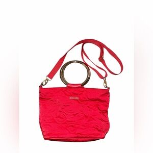 Rare Vtg MOSCHINO Red Hearts Floral Peace Embroidery Ring Handle Crossbody Bag